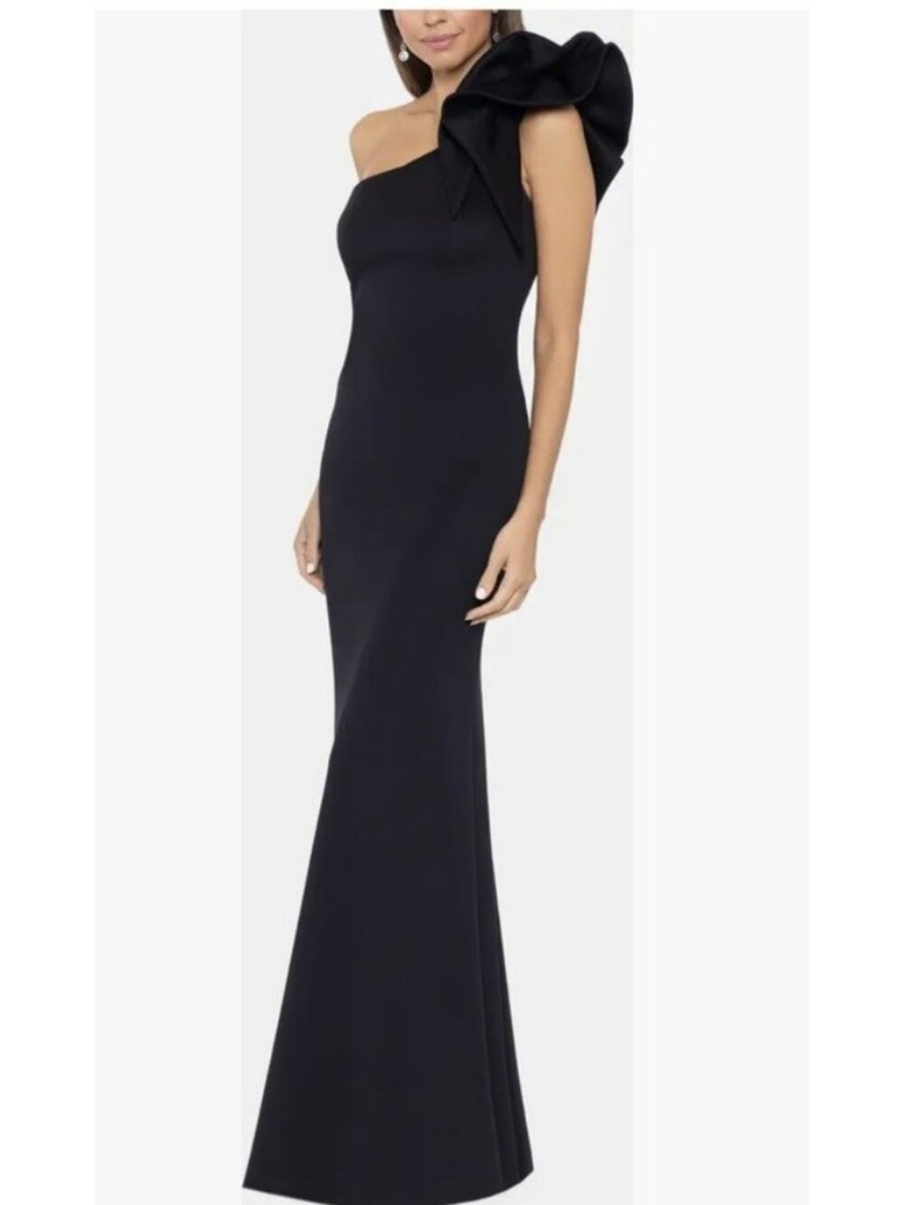 Betsy & Adam Black One Shoulder Gown Size 8 Rosette Formal Evening Dress NWT